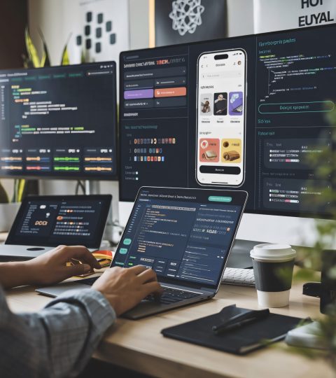 Developer Creating E-Commerce Mobile App with Code and Design on Multi-Screens